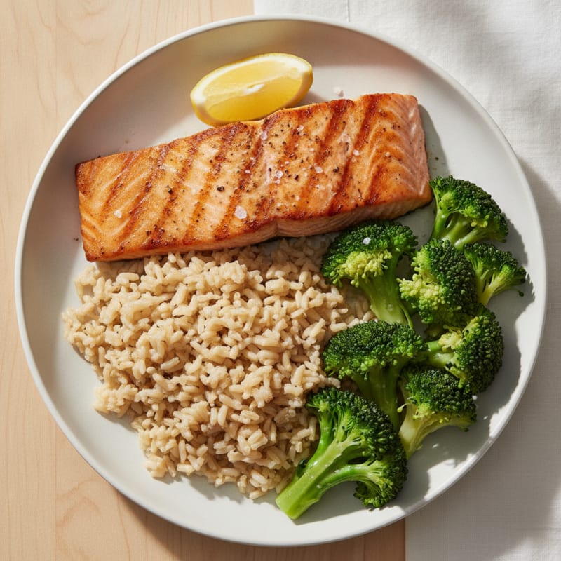 Seared Salmon with Steamed Broccoli and Brown Rice