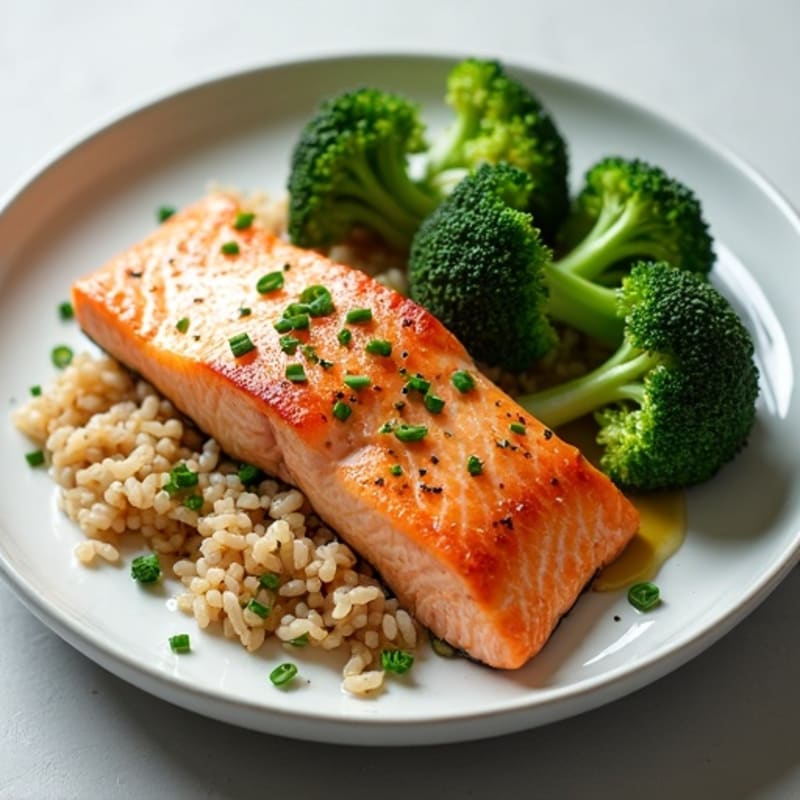 Seared Salmon with Steamed Broccoli and Brown Rice