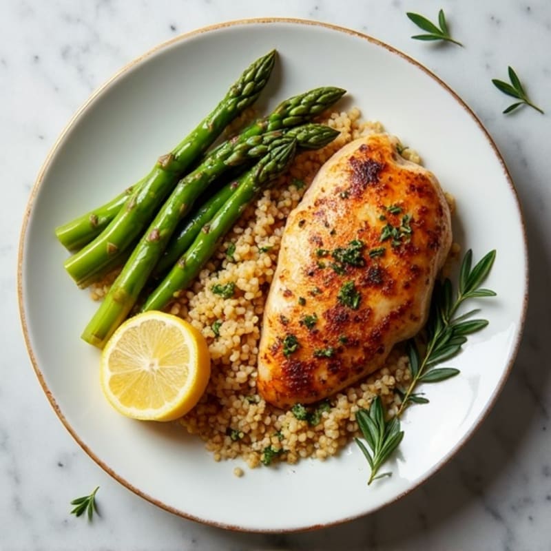 Crispy Lemon-Herb Roasted Chicken with Roasted Asparagus and Quinoa