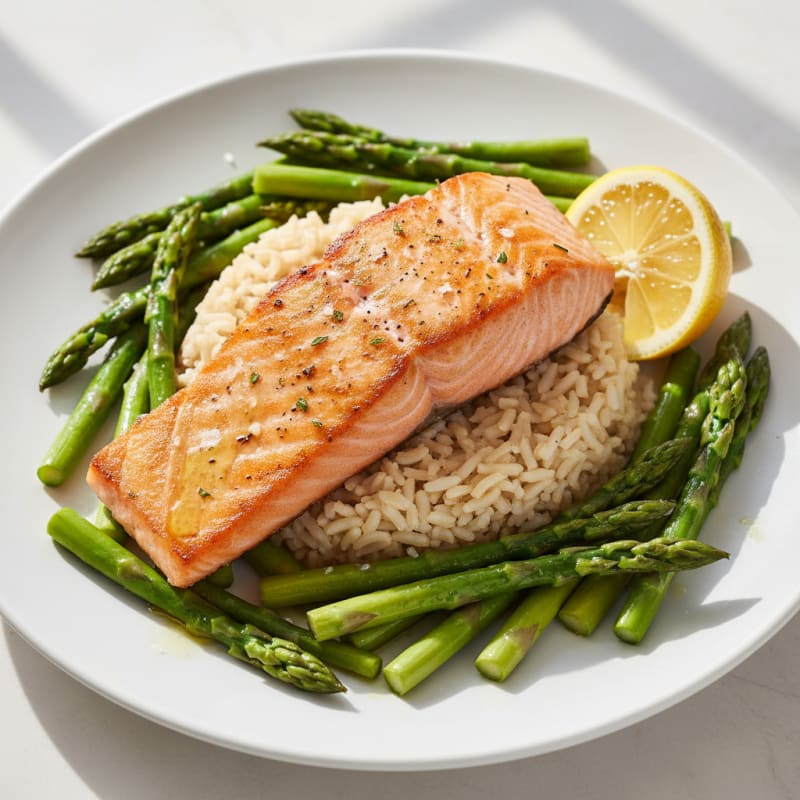 Seared Salmon Fillet with Steamed Asparagus and Brown Rice