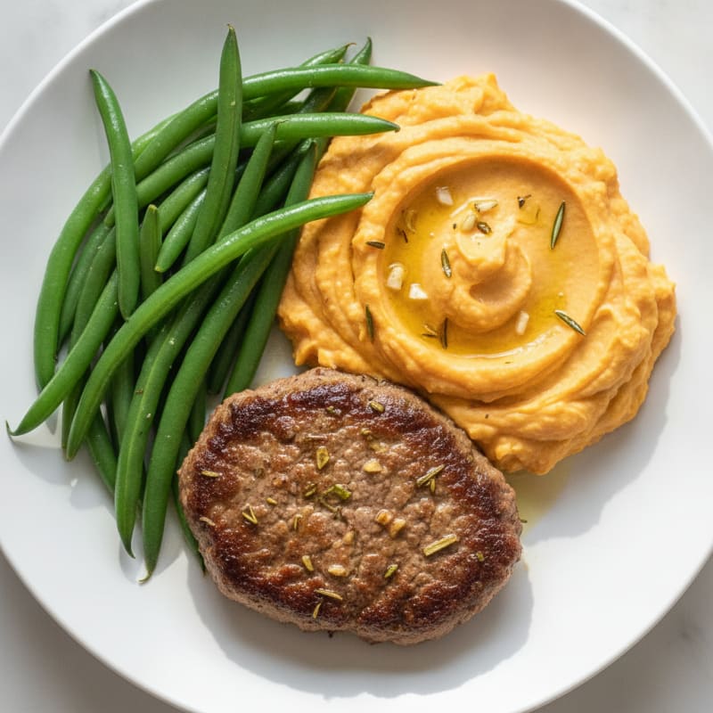 Herb-Seared 96% Lean Beef Steak with Steamed Green Beans and Sweet Potato Mash