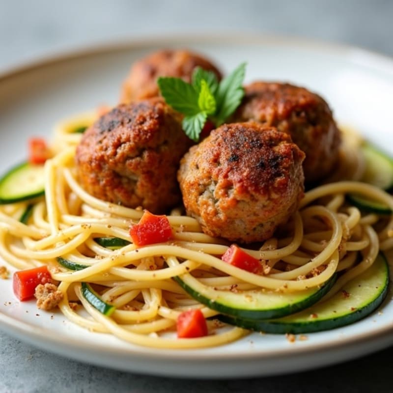 Lean Turkey Meatballs with Whole Wheat Spaghetti and Zucchini Ribbons