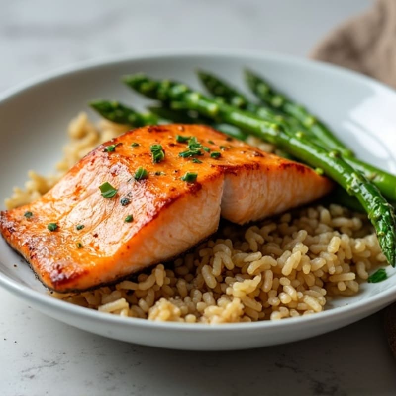 Seared Salmon Fillet with Steamed Asparagus and Brown Rice