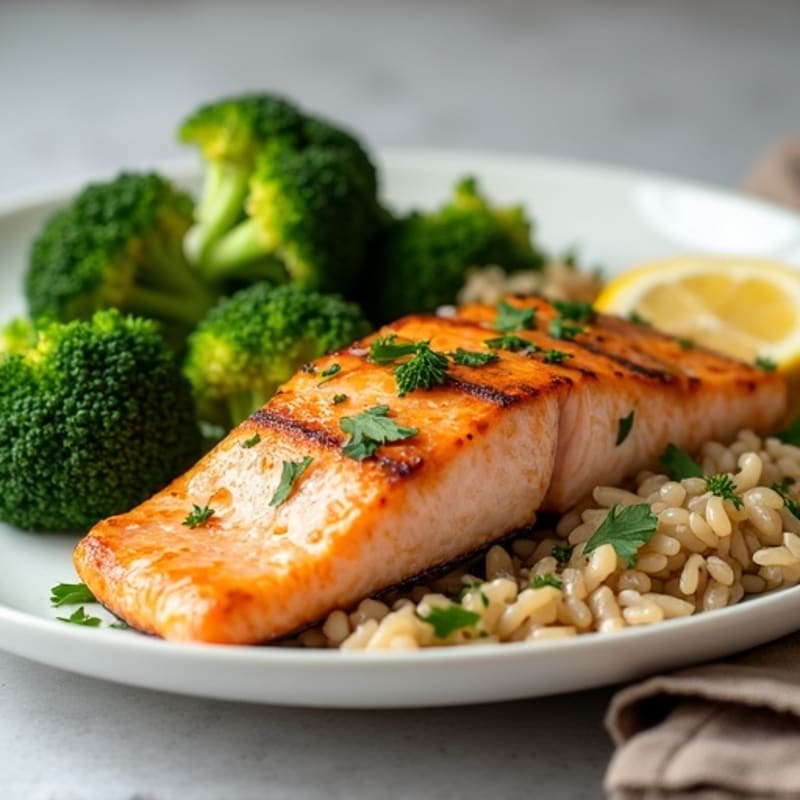 Seared Salmon with Steamed Broccoli and Lemon Herb Brown Rice