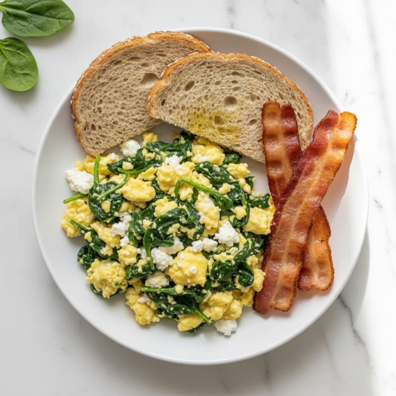 Cottage Cheese Egg Scramble with Spinach and Turkey Bacon