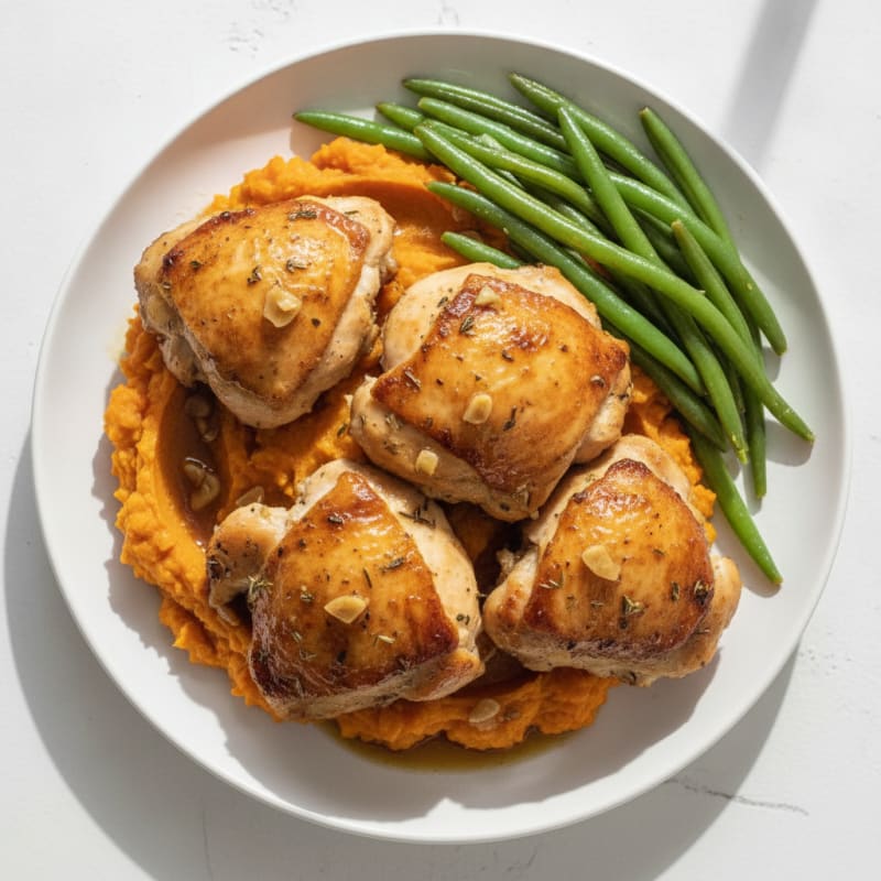 Baked Chicken Thighs with Garlic Sweet Potato Mash