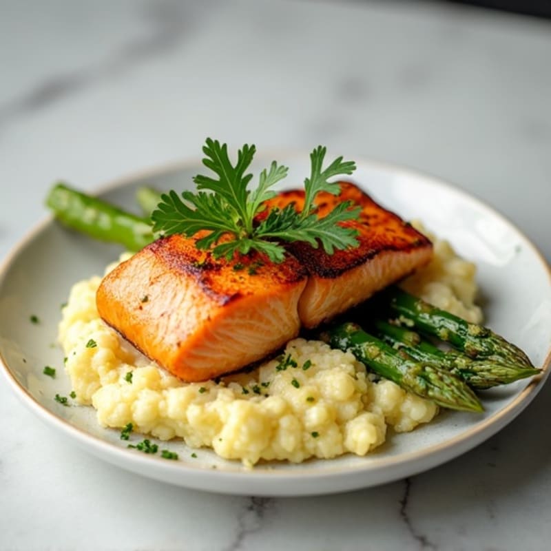 Seared Salmon with Steamed Asparagus and Cauliflower Mash