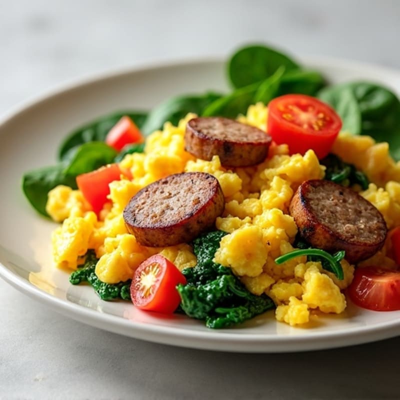Fluffy Egg Scramble with Fresh Spinach and Lean Turkey Sausage