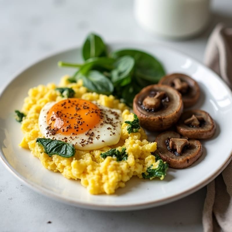 Egg White and Turkey Spinach Scramble with Sautéed Mushrooms