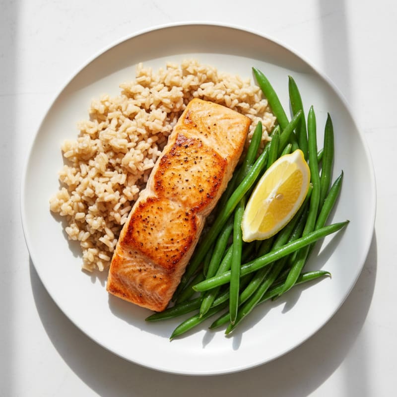Seared Salmon with Steamed Green Beans and Brown Rice