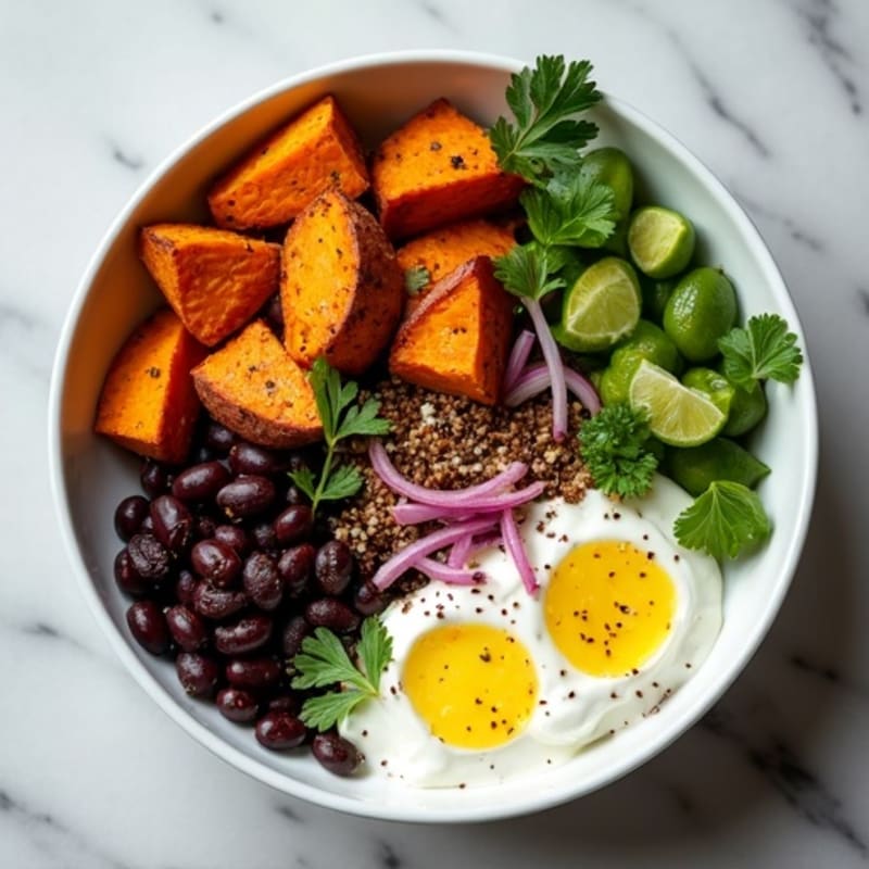 Roasted Sweet Potato and Black Bean Bowl with Creamy Lime Dressing