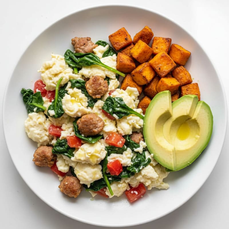 Egg White and Turkey Sausage Scramble with Spinach and Tomato