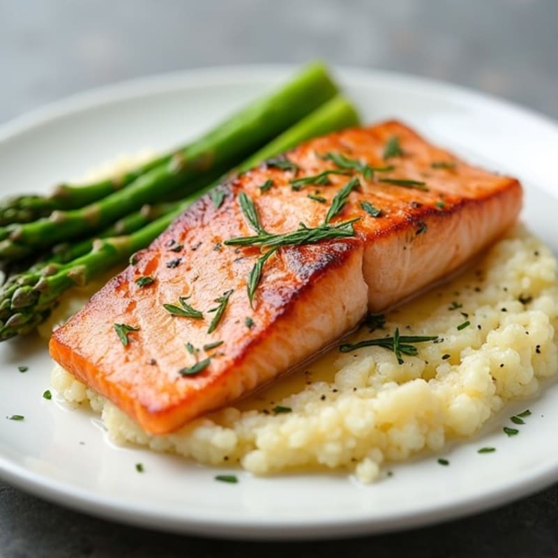 Seared Salmon with Steamed Asparagus and Cauliflower Mash