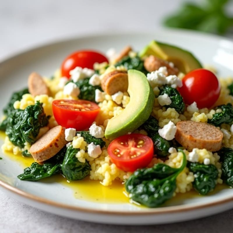Egg White and Turkey Sausage Scramble with Spinach and Cherry Tomatoes