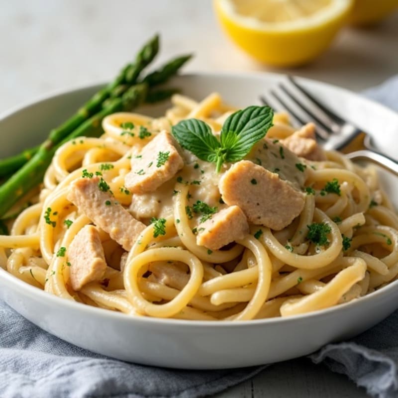 Creamy Chicken Pasta with Roasted Asparagus