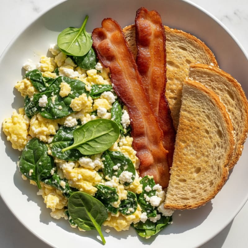 Cottage Cheese Egg Scramble with Spinach and Turkey Bacon