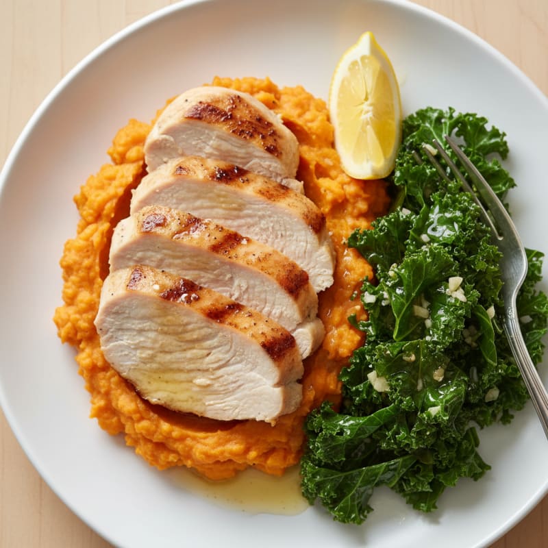 Seared Turkey Breast with Sweet Potato Mash and Sautéed Kale