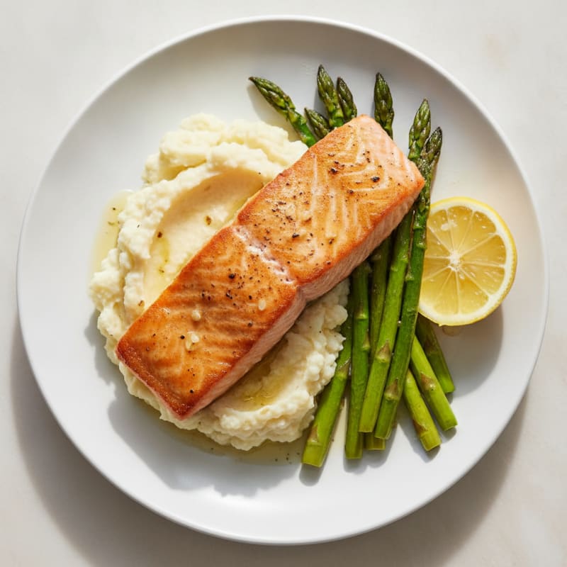 Seared Salmon with Roasted Asparagus and Cauliflower Mash