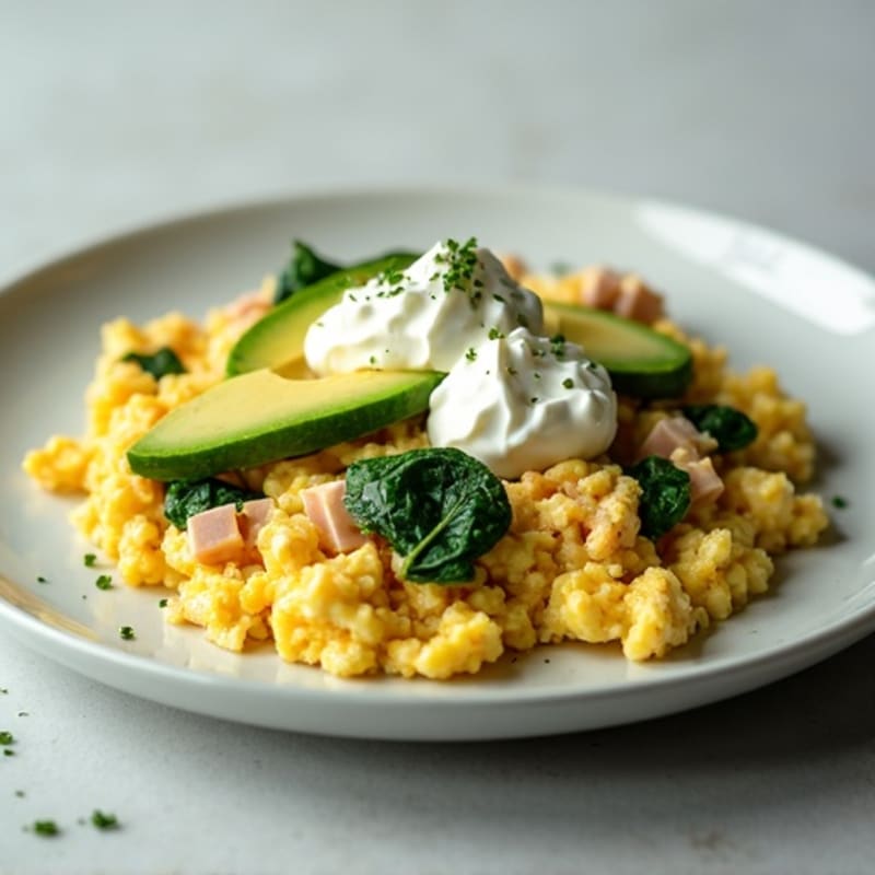 Egg White and Spinach Scramble with Cottage Cheese and Sliced Turkey
