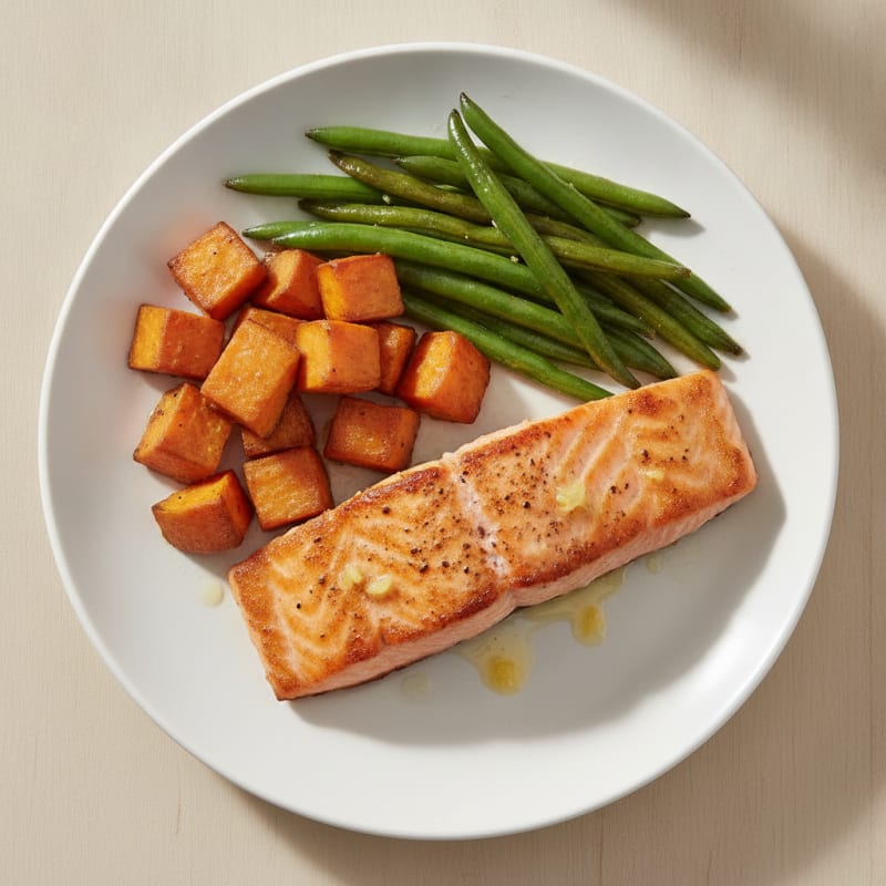 Seared Salmon Fillet with Roasted Sweet Potato and Green Beans