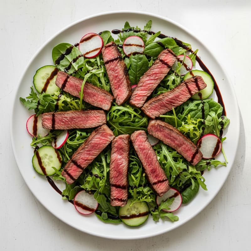 Seared Steak Strips over Crunchy Mixed Greens