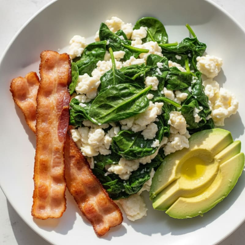 Crispy Turkey Bacon and Egg White Scramble with Sautéed Spinach