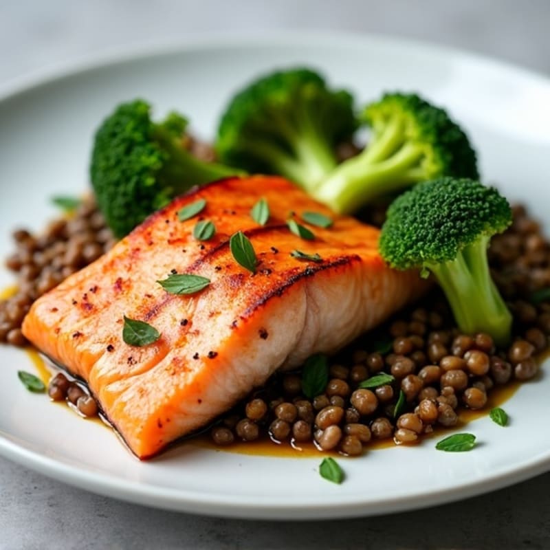 Seared Salmon with Roasted Broccoli and Lentils