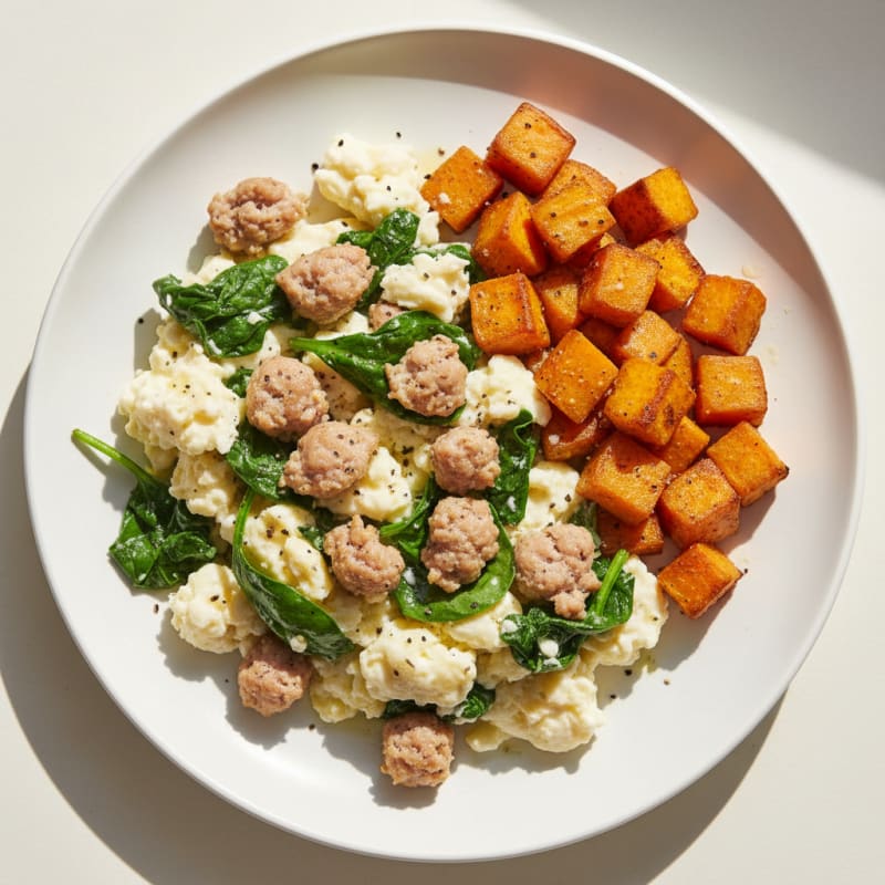 Egg White and Turkey Sausage Scramble with Spinach and Roasted Sweet Potato
