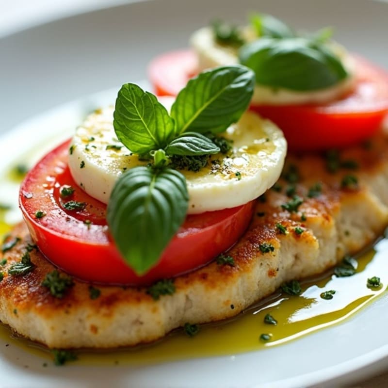 Pan-Seared Chicken with Fresh Tomato, Mozzarella, Basil, and Creamy Pesto