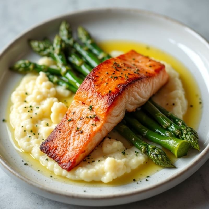 Seared Salmon with Steamed Asparagus and Garlic Cauliflower Mash