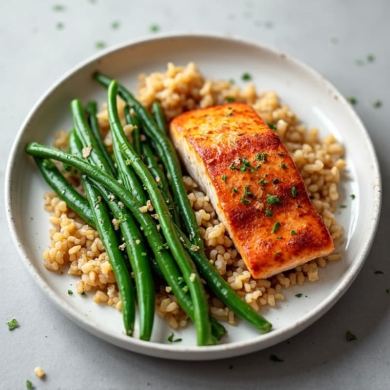 Seared Salmon with Garlic Green Beans and Brown Rice