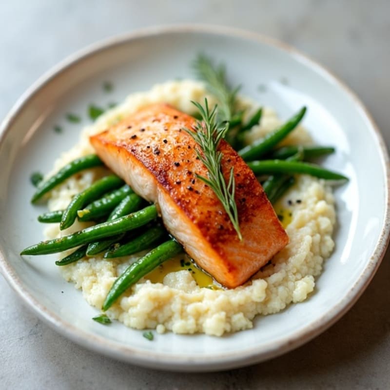 Seared Salmon with Garlic Green Beans and Cauliflower Mash