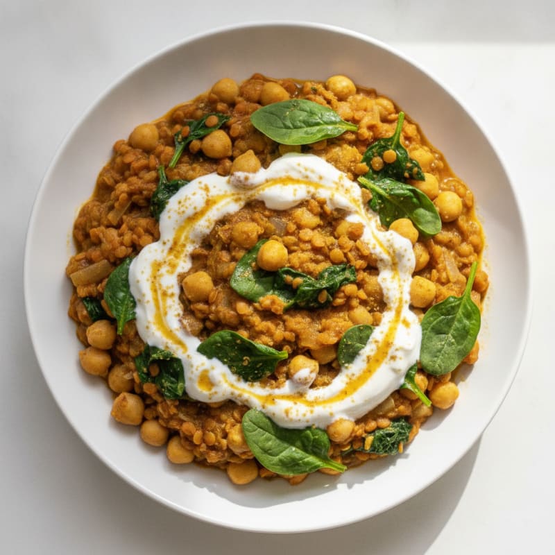 Creamy Lentil and Chickpea Stew with Spinach