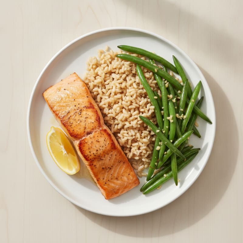 Seared Salmon Fillet with Garlic Green Beans and Brown Rice