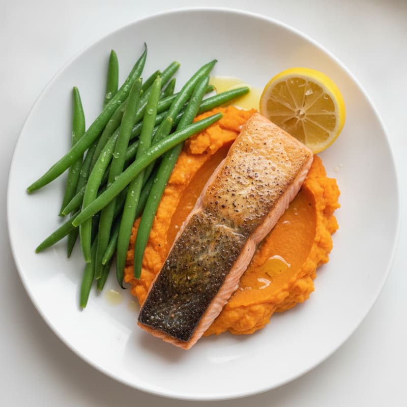 Seared Salmon with Steamed Green Beans and Sweet Potato Mash