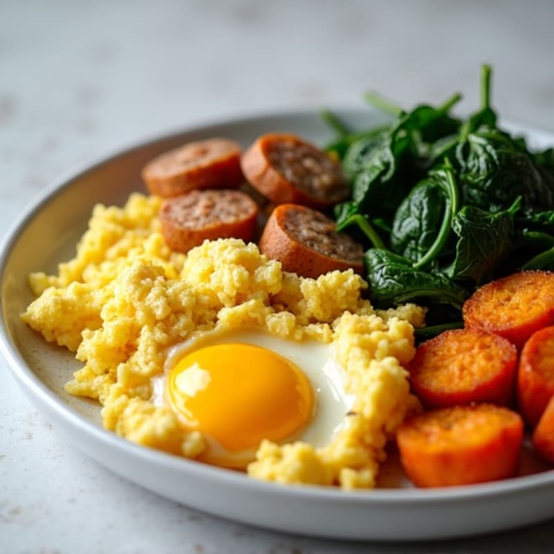 Fluffy Egg Scramble with Sautéed Spinach and Roasted Sweet Potatoes