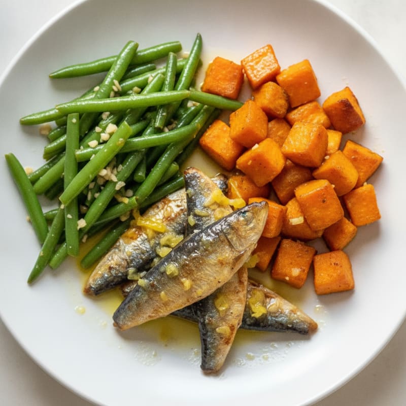Pan-Seared Sardines with Garlic Green Beans and Roasted Sweet Potato