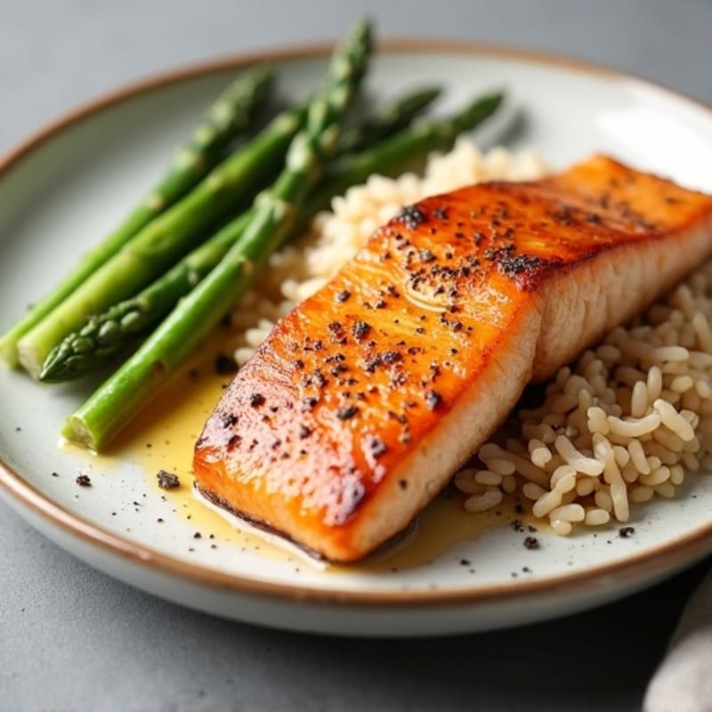 Seared Salmon Filet with Steamed Asparagus and Brown Rice