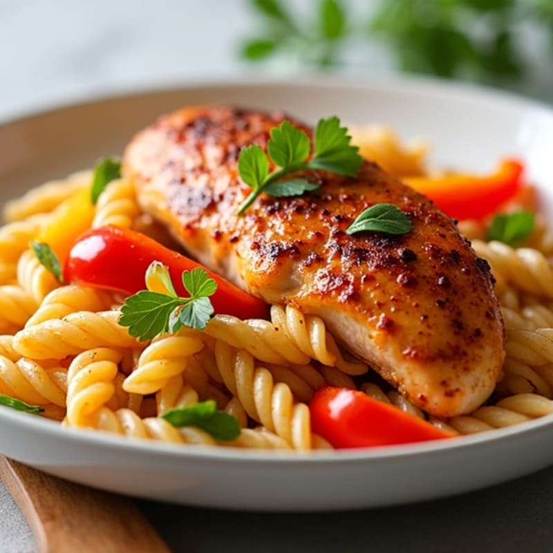 Spicy Paprika Chicken and Whole Wheat Pasta with Sautéed Bell Peppers
