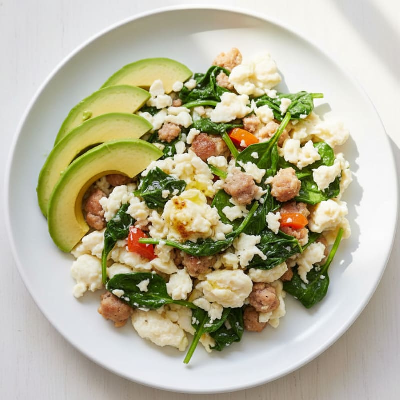 Egg White and Turkey Sausage Scramble with Sautéed Spinach