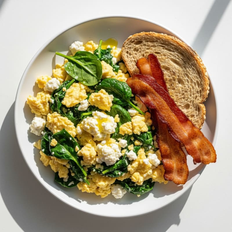 Cottage Cheese Scramble with Turkey Bacon and Spinach