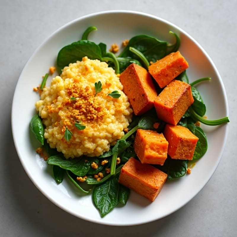 Crispy Tofu Scramble with Roasted Sweet Potatoes and Greens