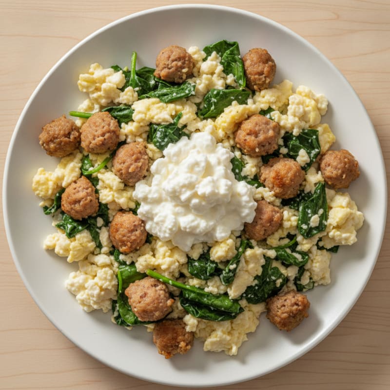 Egg White and Turkey Sausage Scramble with Cottage Cheese and Spinach