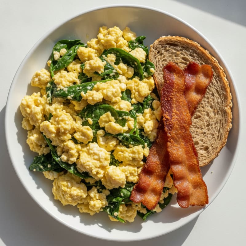 Cottage Cheese Egg Scramble with Spinach and Turkey Bacon