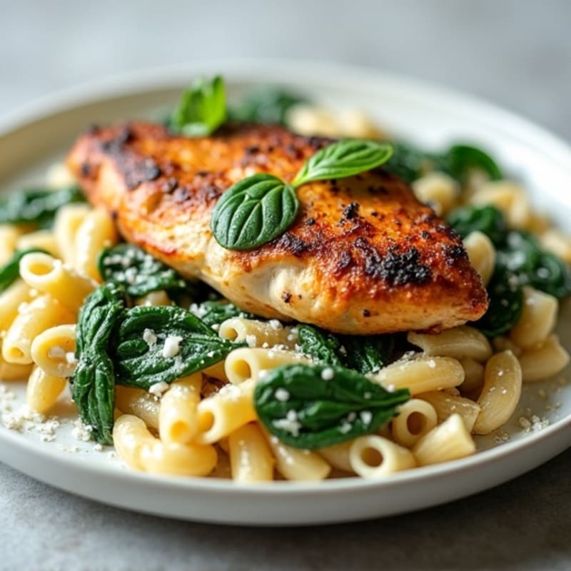 Roasted Chicken and Creamy Garlic Spinach Pasta