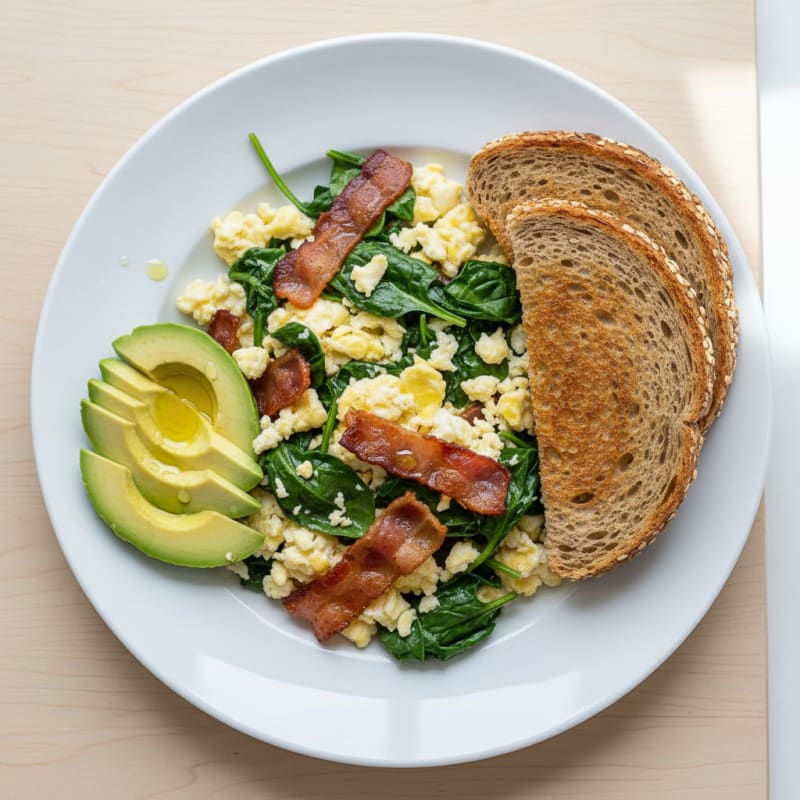 Crispy Turkey Bacon and Egg White Scramble with Spinach