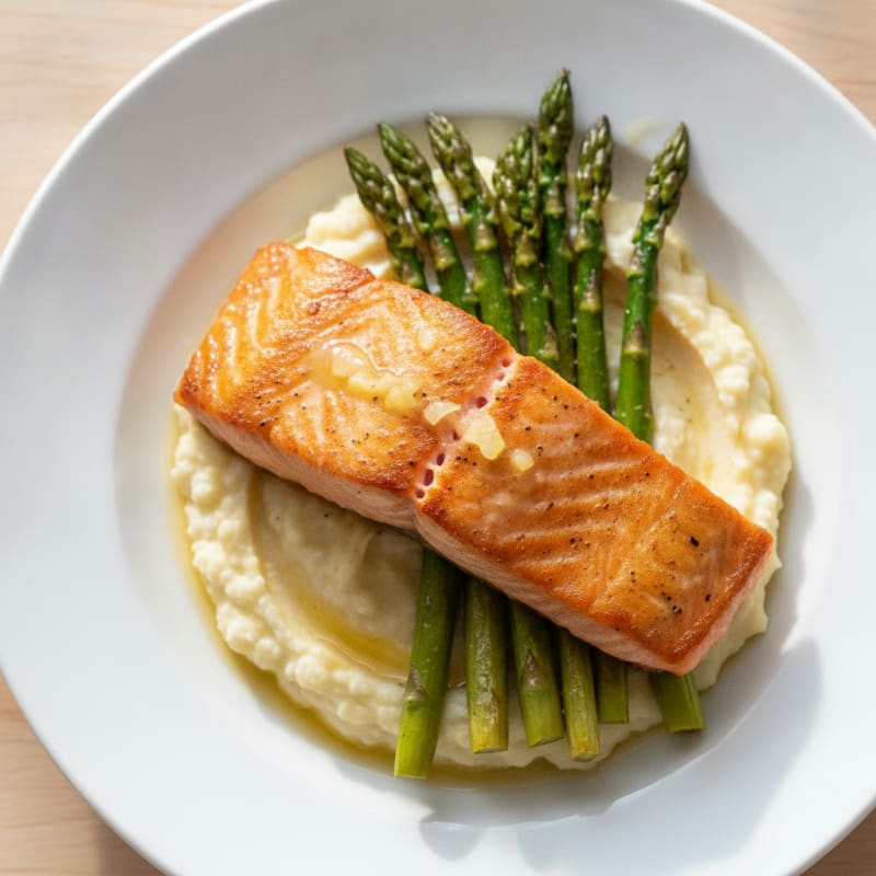 Seared Salmon Fillet with Roasted Asparagus and Cauliflower Mash