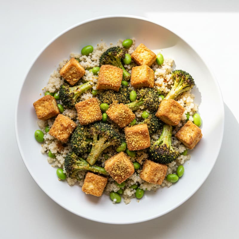 Crispy Tofu and Edamame Power Bowl with Quinoa and Roasted Broccoli