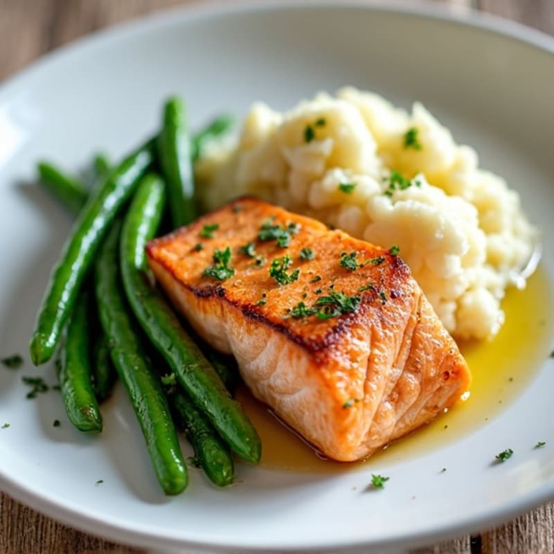 Seared Salmon with Garlic Green Beans and Cauliflower Mash