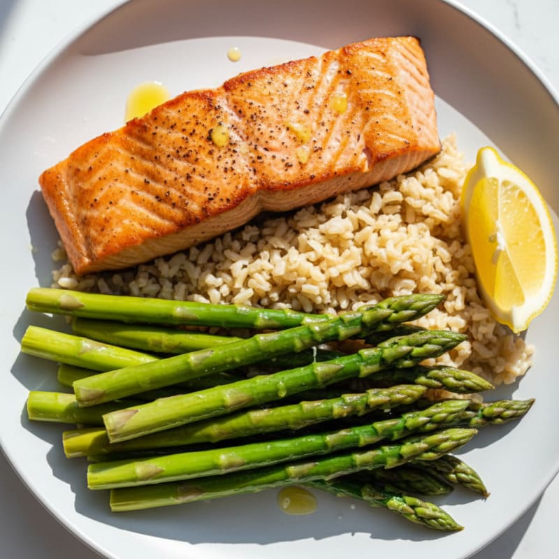 Seared Salmon with Steamed Asparagus and Brown Rice